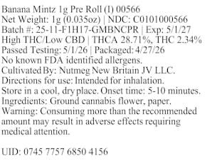 Brix Cannabis Banana Mintz 1g Pre Roll (I) 00566
