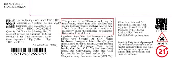 Encore Pomegranate Punch CBN:THC Gummies CBN46.4mg T87.4mg I 26989