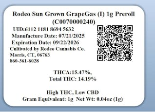 Rodeo Sun Grown GrapeGas (I) 1g Preroll (C0070000240)