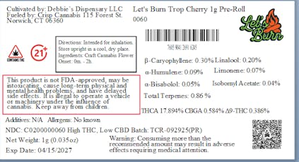 Let's Burn Trop Cherry 1g Pre-roll 0060