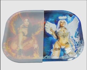 V Syndicate - 7"x 5.5" Metal Rolling Tray with 1/2 Removable Silicone Cover, Devil vs. Angel