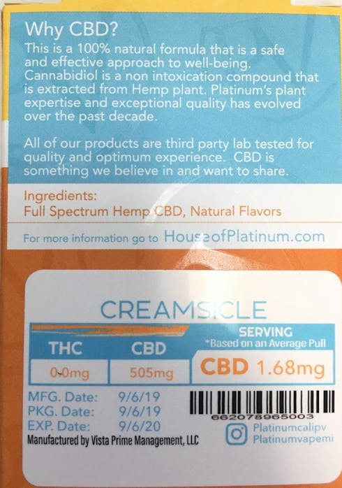 PLATINUM VAPE CBD (CREAMSICLE 1G)