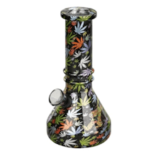 6" Vivid Vault Beaker Mini Glass Bong - Design B (Colourful Cannabis Leaf)