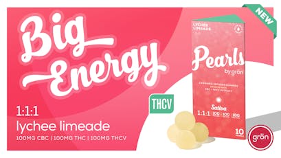 Gron 100mg 1:1:1 CBC:THC:THCV LYCHEE LIMEADE Big Energy Pearls 10pk