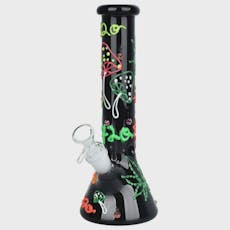 420 Leaf and Shroom Glow In Dark Glass Beaker Water Bong | 9.5" |