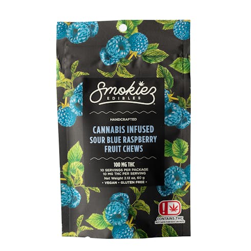Smokiez Sour Blue Raspberry Fruit Chews 100mg - 10pk of 10mg pieces